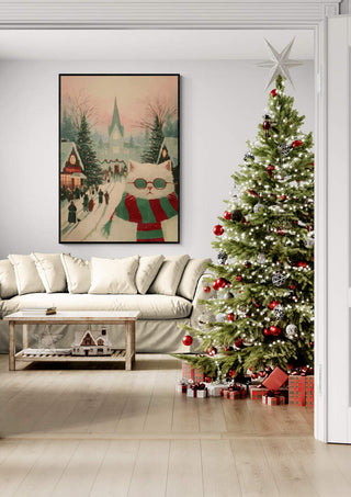 Framed White Cat in Town artwork above sofa in a cozy living room decorated for Christmas with a tree and gifts.