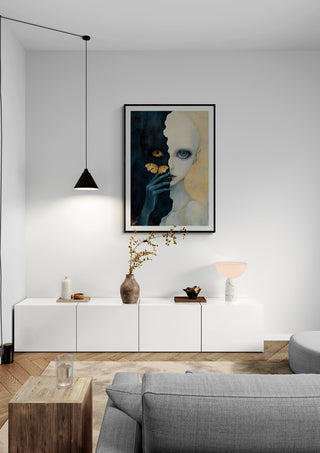 Framed "My Secret Butterfly" artwork by Martin Zen displayed in a modern, minimalist living room.
