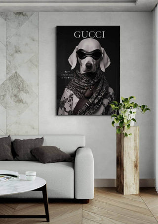 Gucci Fashion Dog wall art featuring a stylish Dalmatian in sunglasses and scarf, displayed above a modern sofa.