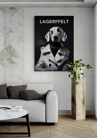 Chic Lagerfeld Dog wall art in a modern living room, featuring a dog dressed in designer-inspired attire.