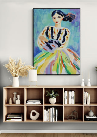 All Colors Baby by David Wolf art print hanging above a modern shelf with decor in a living room setting.