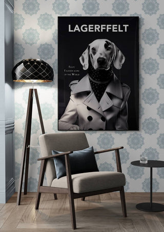 Poster of a Dalmatian in a trench coat with "Lagerfeld Dog" displayed above, shown in a stylish living room.