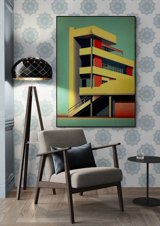 Framed "Tall Bauhaus" by David Wolf on wall, modern chair and lamp in a stylish living space.