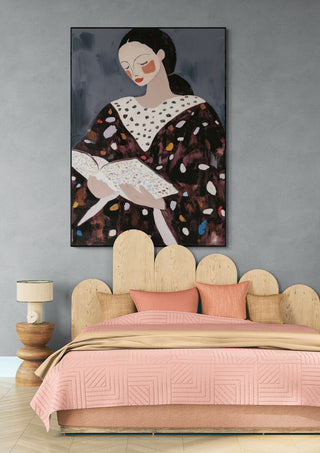 A framed painting of a woman reading hangs above a bed, featured on the Books of My Life - David Wolf page.