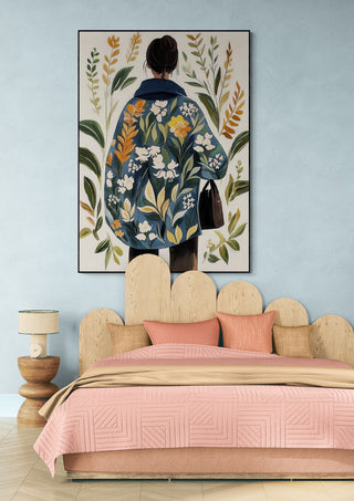 Painting of a woman in a floral coat, featured above a bed; Look Inside My Soul by Elara Monet.