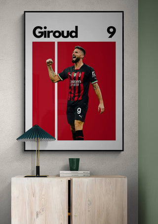 Framed Oliver Giroud football poster featuring him in AC Milan kit with his name and number 9.