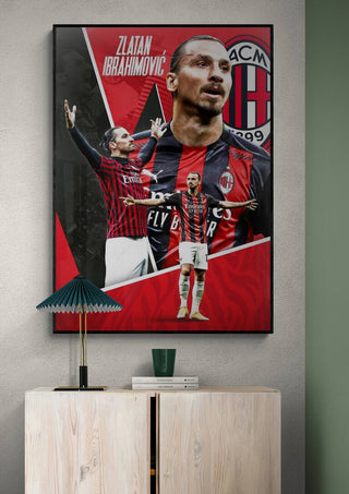 Zlatan Ibrahimović football poster featuring three action poses in AC Milan kit with the club logo in the background.