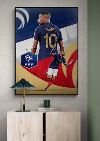Kylian Mbappé football poster featuring him in a blue jersey with number 10 and French team elements.