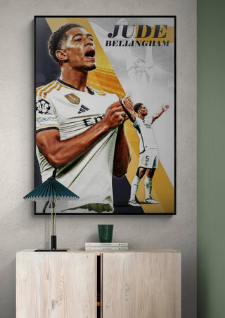 Jude Bellingham football poster featuring him celebrating in a white jersey with dynamic yellow and black graphics.