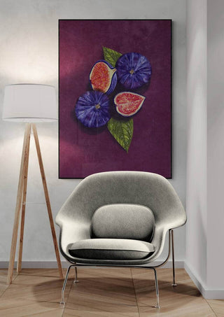 Framed artwork "Figs Still Life" by Raissa Oltmanns displayed above a modern chair and floor lamp.