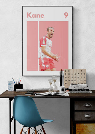 Poster of Harry Kane in Bayern Munich kit with "Kane" and the number 9 displayed above his image.