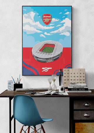 Poster of Emirates Stadium with Arsenal logo, displayed above a desk on a product page.