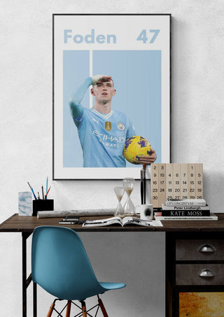 Phil Foden Man City football poster featuring player in blue kit holding a ball, displayed above a modern desk.