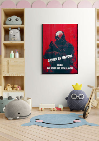 Framed Gamer by Nature Plakat poster on wall in kids' room with plush toys and shelves.