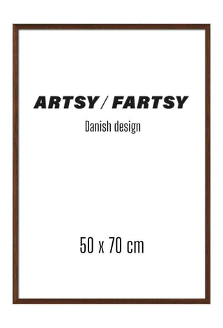 Solid wooden frame in dark brown, 50x70 cm, displayed with example art print and Danish design text.