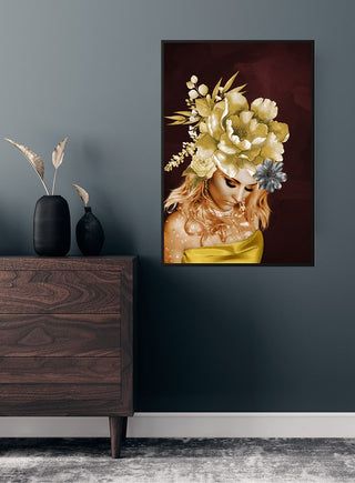 Golden fashion 2 poster featuring a woman in yellow with a large floral headpiece, displayed above a wooden dresser.
