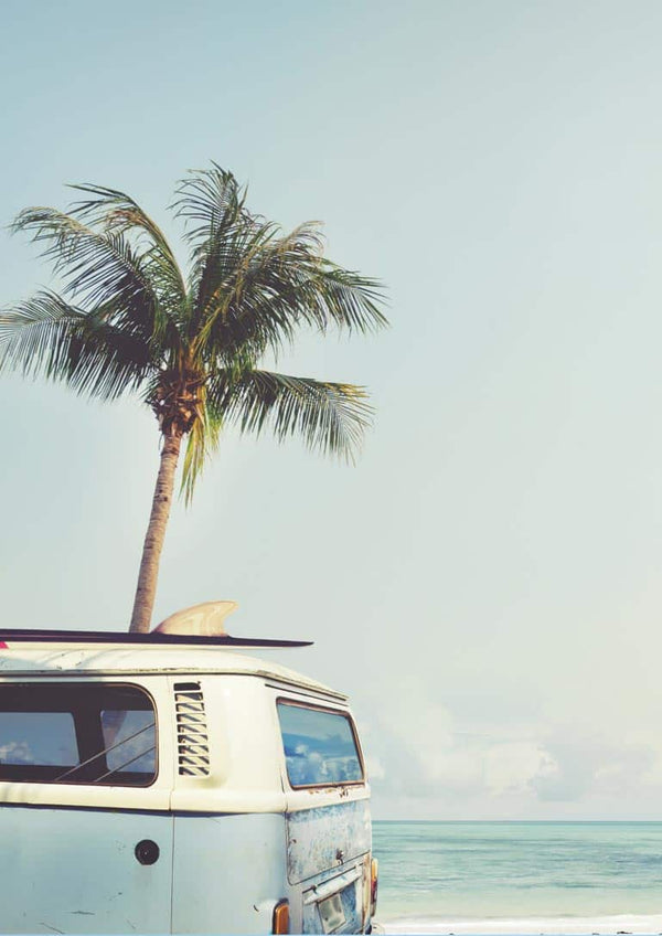 Surfers van on beach poster