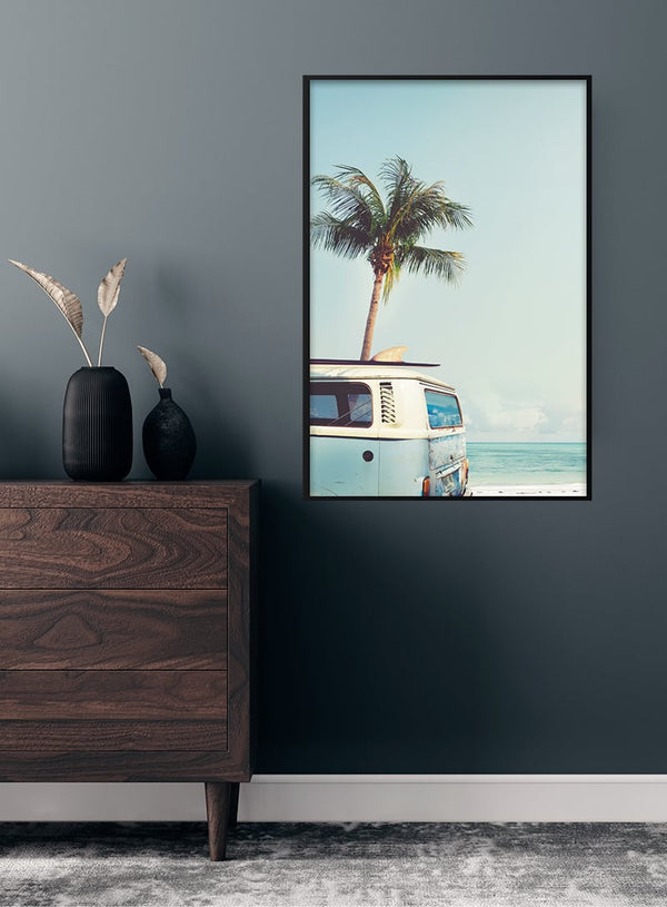 Surfers van on beach poster