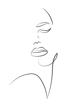 Minimalist art poster with a woman's face drawn in simple, elegant black lines on a white background.