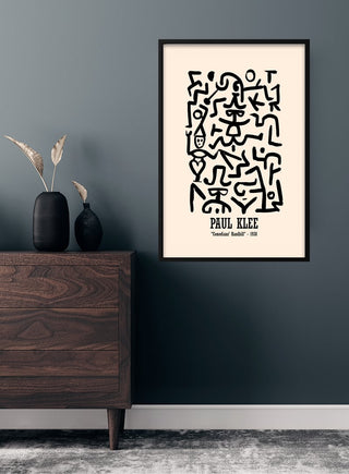 Paul Klee #2 art poster with abstract black lines on a beige background, framed and hung in a modern living room.