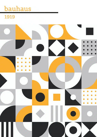 Bauhaus 1919 black and white poster with geometric shapes in yellow, black, gray, and white.