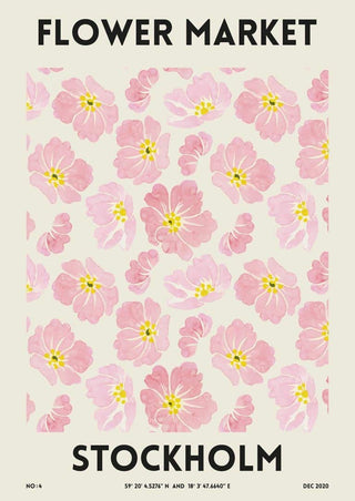 Poster with pink flowers and bold text reading "Flower Market Stockholm" on a cream background.