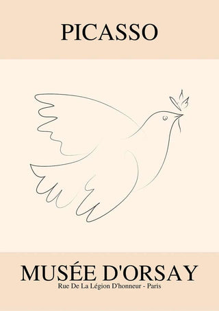 Minimalist line drawing of a dove holding an olive branch, inspired by Picasso, with "Musée d'Orsay" text below.