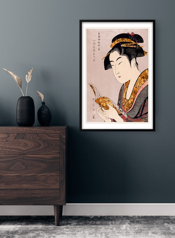 Traditional japanese woman reading poster