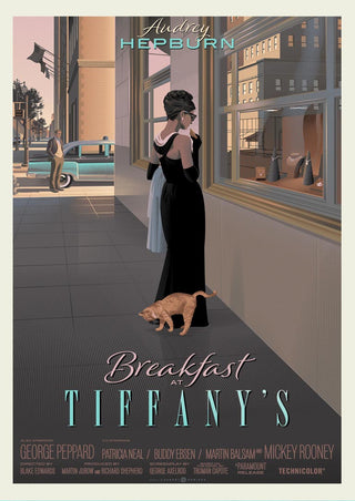 Audrey Hepburn in a black dress with a cat, gazing into Tiffany's window; "Breakfast at Tiffany's" poster.