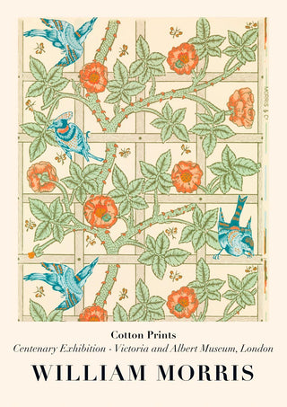 William Morris Trellis poster with blue birds, green leaves, and orange flowers on a cream grid background.