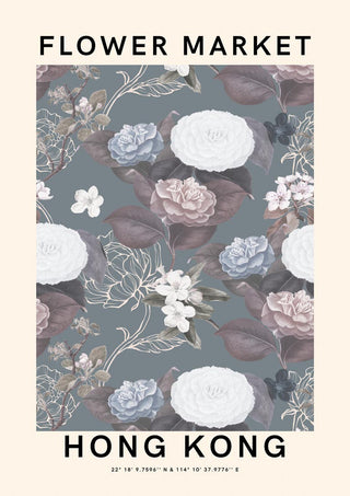 Poster with illustrated white and pink flowers, labeled "Flower Market Hong Kong" on a beige background.