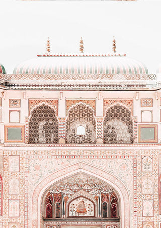 Intricately detailed facade of an old Indian building featured on a decorative wall poster.