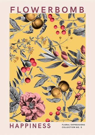 Poster with "Flowerbomb Happiness" text, featuring illustrated flowers and fruit on a yellow background.
