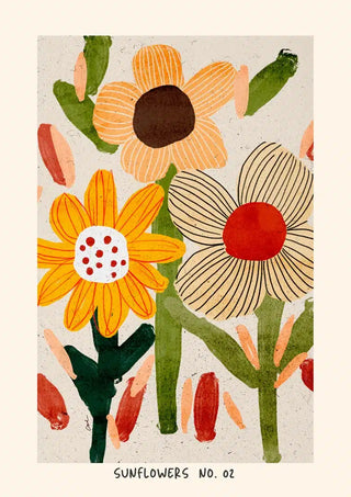 Illustration of three stylized sunflowers with colorful petals and stems, labeled "Sunflowers No. 02".
