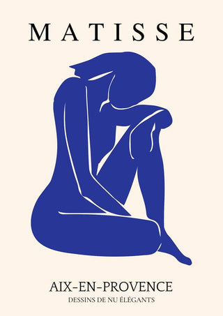 Minimalist blue cutout poster of a seated nude figure inspired by Matisse, with elegant typography.