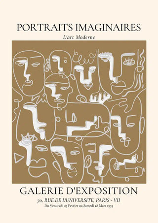 Abstract line art faces on a brown background for Portraits Imaginaires Brown Plakat product page.