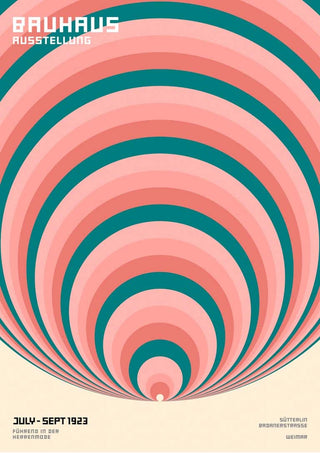 Poster with concentric pink, teal, and cream circles; titled "Bauhaus Ausstellung" for Bauhaus Big Circles Plakat.