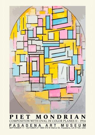 Abstract oval composition with geometric shapes in pastel colors by Piet Mondrian, featured on a museum exhibit poster.