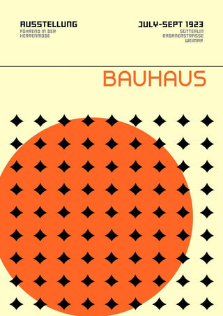 Bauhaus poster with large orange circle and black stars, Weimar exhibition details in German, minimalist design.