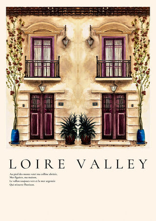 Illustration of an old French townhouse with twin doors and balconies, titled "Loire Valley" in elegant text.