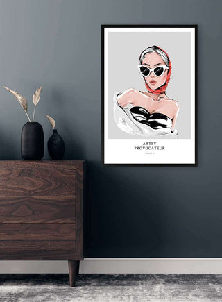 Framed Paris Provocateur - Vincent V. print featuring a stylish illustrated woman with sunglasses on a gray wall.