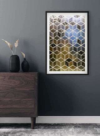 Framed Tile wall Plakat with geometric pattern hanging on a dark gray wall above a wooden dresser.