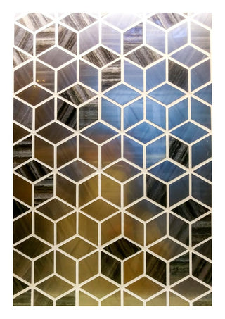 Geometric tile wall design with 3D cube pattern in shades of blue, black, and gold.