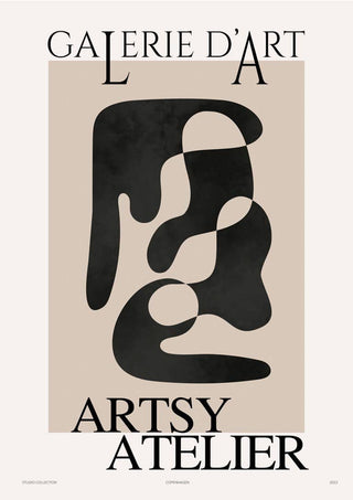 Abstract black shapes on a beige background, with "GALERIE D'ART" and "ARTSY ATELIER" text above and below.