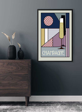 Art deco style Champagne Plakat poster featuring a champagne glass, hung on a modern dark gray wall.