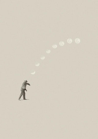 A man tossing a white ball in an arc, minimalistic style. Product: Lucky shot by Maarten Léon.