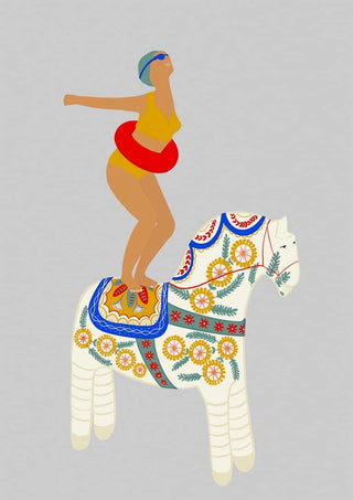 Illustration of a woman in a swimsuit standing on a decorated white pony, featured for Little Pony - Jotadejai.