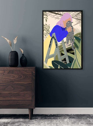 Framed print of Hi Kitty, I love you! by Jotadejai featuring a person hugging a cat among plants.