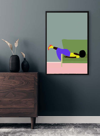 Framed "Wendy’s Mood - Jotadejai" art print on dark wall above wooden dresser in modern room.