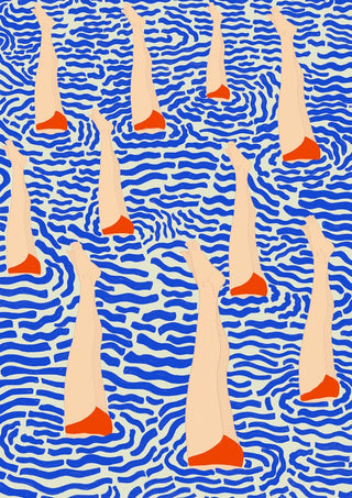 Illustration for BaApistas - Jotadejai featuring legs in orange swim caps above wavy blue water.